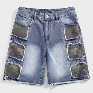 Premium Quality <b>Men</b> Streetwear 2025 Custom Washed Distressed <b>Camo</b> Patchwork Zipper Fly Denim Jean <b>Shorts</b> OEM Serviced - Product Image 1