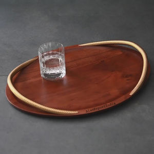 Vente chaude prix raisonnable mangue plateau de service en bois plateau forme ovale bois naturel fini métal attrayant poignée plateau - Product Image 2