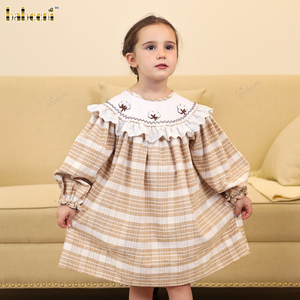 Obispo de lana a cuadros con flor de algodón ODM vestido de niña de las flores al por mayor fabricante de vestidos de niña smocked en Vietnam - DR4283 - Product Image 1