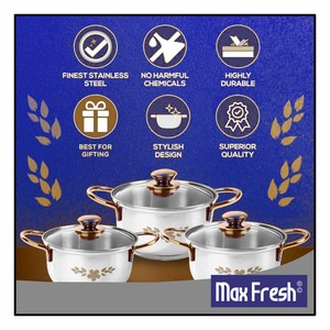 Ensemble de 3 casseroles en acier inoxydable Maxfresh Gold Stanton avec couvercle en verre et boutons dorés pour cuisinière à gaz à induction - Product Image 5