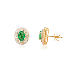 100% genuino mejor venta al por mayor 18K oro amarillo joyería Zambia Esmeralda y Diamante doble Halo Stud pendientes para mujeres - Product Image 3