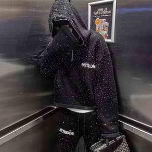 Street Classic Black rhinestone Design zipper hooded set mens hip hop personalizado casual retro pareja cardigan jacket Set - Product Image 5