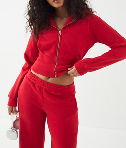Sudadera con Capucha de Felpa con Bordado 3D Rojo Sólido con Lavado Ácido, Diseño Personalizado, Cierre de Latón, Top Corto para Mujer, Venta al por Mayor - Product Image 5