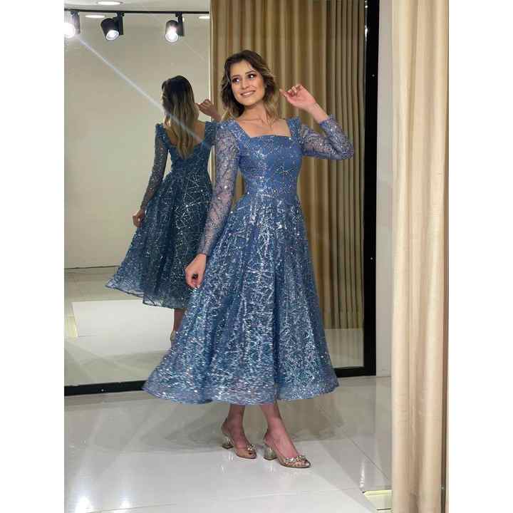 Long Tulle Sleeves Square Collar Glitter Printed Midi Evening Dress Ht8354 8354