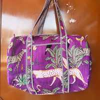 Tas Duffle katun India untuk wanita, tas selimut motif bunga Bohemian ringan motif macan tutul untuk musim panas musim dingin bepergian pantai