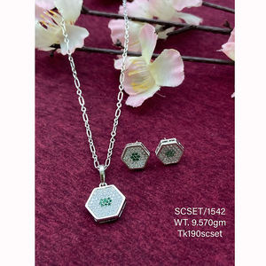 สร้อยคอหกเหลี่ยมเคลือบเพทายสีเขียวคลาสสิก9.57 GMS จี้เงิน925พร้อมโซ่และต่างหู $ เรา33/ชุด - Product Image 1