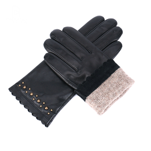 Gants d'hiver en cuir de mouton pour femmes Pakistan Gants de conduite en plein air chauds Strass Style Poignet Longueur Gants d'hiver unis - Product Image 3