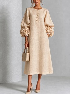 Robe midi élégante en lin pour femme, col rond, manches bouffantes, boutonnée, coupe trapèze, couleur unie, imprimé sublimation sur le devant, manches longues, mi-mollet - Product Image 5
