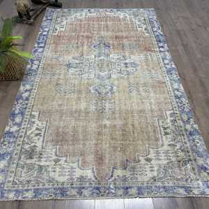 Alfombra Grande Vintage de 5.2x8.9 pies, Alfombra de Lana Abstracta Azul Turca - Product Image 1