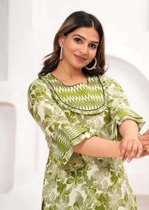 Conjunto de Kurta floral verde, Kurta de algodón con Pantalones estampados en zigzag, perfecto para conjunto de ropa informal o festiva para mujer - Product Image 6