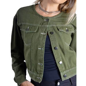 แจ็กเก็ตผ้ายีนส์เอวต่ำสำหรับผู้หญิงเสื้อแจ็กเก็ตยีนส์คอปกง่าย - Product Image 4