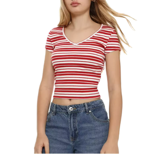T-shirt court en tricot décontracté pour femme, col en V, rayures rouges et blanches, coupe ajustée, manches courtes, coton, printemps-été - Product Image 1