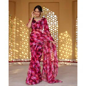 Sari de soirée imprimé floral couleur vin - Product Image 2