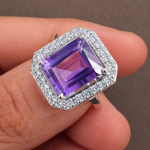 <b>Emerald</b> Cut Amethyst Cocktail <b>Ring</b> 925 Sterling <b>Silver</b> Rhodium Plated Pave Setting Women's Luxury Geometric Trendy Engagement - Product Image 1