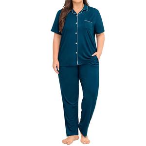 Conjunto de ropa de dormir personalizada de poliéster/algodón de talla grande, transpirable, suave, holgado, de manga larga, con botones, de Color sólido para mujer - Product Image 1