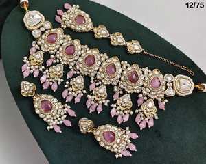 Chapado en oro antiguo hermoso impresionante Kundan cristal colgante gota gargantilla boda collar joyería con pendientes y Mangtika mujeres - Product Image 3