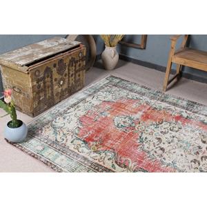 5.4x8.8 ft Turkish Rug, Vintage Large Rug, <b>Red</b> Green Floral <b>Wool</b> Rug - Product Image 4