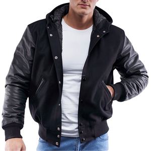 Veste bomber universitaire rétro unisexe de qualité supérieure, coupe-vent, à capuche, patchwork, corps en laine, manches en similicuir, style Letterman, pour équipes universitaires - Product Image 1