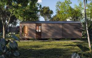 Maisonnette modulaire moderne avec un extérieur en lattes de bois, un porche avant couvert et un toit en pente. - Product Image 6