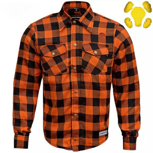 Camisa de franela a cuadros naranja y negro llamativo para salidas casuales con camisa de motocicleta con certificación CE con armadura para hombre - Product Image 1