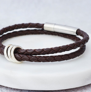 Sterling Silver Milestone <b>Bracelet</b> - <b>Leather</b> Wrap <b>Bracelet</b> with Sterling Silver Rings Surfer <b>Bracelet</b> - Product Image 2