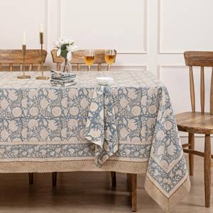 Indian Handmade Simple Floral Cotton <b>Square</b> Floor Length <b>Tablecloth</b> Blue Block Print Washable & Eco-Friendly - Product Image 1