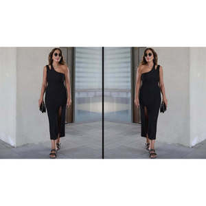 Robe en viscose à deux fils pour femme, sans manches, asymétrique à une épaule avec détail tombant, 35077 - Noir - Product Image 3