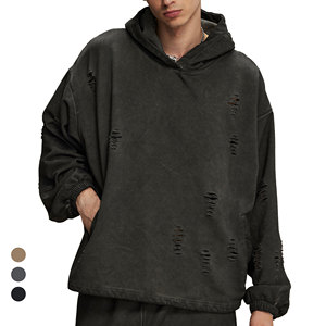 Venta al por mayor High Street 450GSM Hombres Sucio teñido Sudadera con capucha Desgastado Ripped Side Pockets Hoodie Retro Acid Wash Sudaderas con capucha - Product Image 1