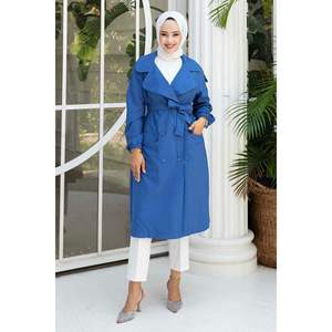 Automne hiver Indigo Trench Coat avec ceinture amovible Double boutonnage fermeture bouton décoration poids personnalisé Faux cuir coquille - Product Image 1