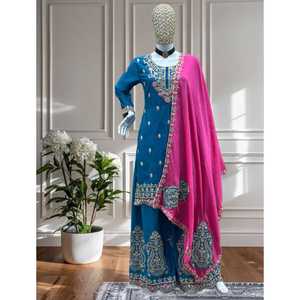 Kurta Plazzo en mousseline de soie festive moderne avec codage de séquence brodé Nouveau lancement pour les tenues de fête et Dupatta inclus - Product Image 1