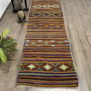 พรมวินเทจตุรกี ขนาด 3.1x9.8 ฟุต (93x300 ซม.) พรมคิลิมสีน้ำเงินส้มลายแบบนามธรรม - Product Image 1