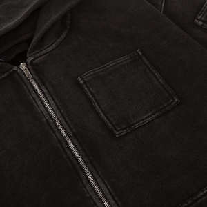 Sudadera con Capucha Unisex, Estilo Desgastado, con Parches, Lavado Ácido, Cierre de Cremallera, Corte Recto, Color Sólido, Tejido Grueso, 100% Algodón, Felpa, Estilo Vintage - Product Image 3