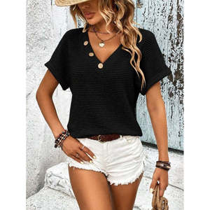เสื้อเบลาส์ถักคอวีแขนสั้นผู้หญิง รุ่น 36661 -สีดำ - Product Image 2
