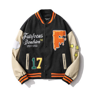 Chaqueta de uniforme de béisbol naranja de calle alta personalizada para hombre al por mayor, moda de invierno, bordado, cuello levantado, manga de cuero PU - Product Image 3