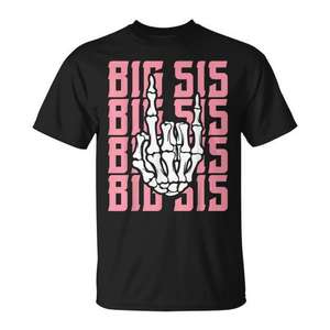 Camiseta Big Sis Bone Hand con texto rosa y cuello redondo negro, unisex, talla para adultos - Product Image 1