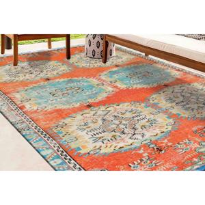 Tapis turc floral : Décoration vintage orange et bleue, tapis en chenille - Product Image 2
