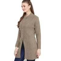 Cárdigan de punto trenzado largo y ajustado para mujer, mezcla de lana, cálido, para invierno, con logo frontal y manga completa