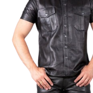 Chemise en cuir coupe classique noire pour homme, faux cuir, manches courtes, boutonnée, haut fétiche - Product Image 3