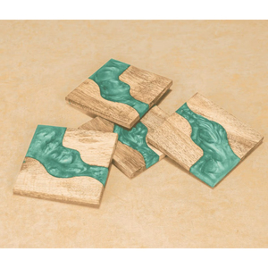 Ensemble de 4 sous-verres décoratifs en bois de manguier artisanal de qualité supérieure et résine époxy bleue pour la maison, la cuisine, la table, les boissons - Product Image 1