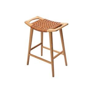 Modern Wooden Bar <b>Chair</b> with Handwoven Leather Seat for <b>Kitchen</b> <b>Island</b>, Home Bar, and Café Use - Product Image 1