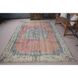 Vintage Large Rug 6.5x9.9 ft, <b>Red</b> Floral Turkish <b>Wool</b> Rug - Product Image 3