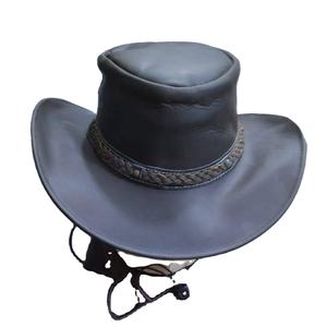 Ceci est un chapeau de cowboy en cuir véritable marron avec un bandeau tressé. - Product Image 1
