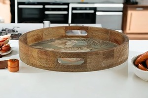 Plato de madera de mango ecológico hecho a mano, bandeja de madera impresa hecha en India - Product Image 4