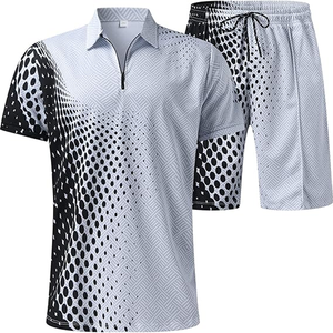 Conjunto de 2 piezas de ropa de calle para hombre, Polo con cremallera a la moda y pantalones cortos con cordón, atuendo gráfico llamativo a juego para el verano - Product Image 3