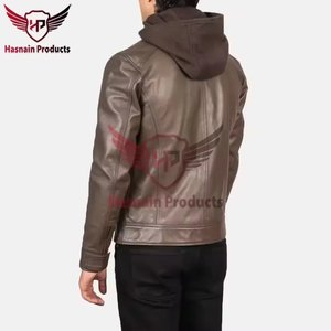 Veste à capuche en cuir véritable marron pour homme, double fermeture éclair, poches poitrine, en peau de mouton, style motard vintage, manteau d'hiver personnalisé - Product Image 4