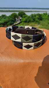 Artisan Polo <b>Belt</b> Handmade Full Grain Leather <b>Belt</b> With Cream <b>Brown</b> Navy Gaucho Pattern Traditional Polo Style for Men and <b>women</b> - Product Image 2