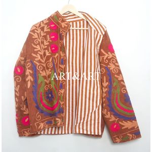 Indian Embroidered Cotrise Quilted <b>Jacket</b> for Women Summer Boho Style Full Sleeves <b>Mandarin</b> <b>Collar</b> Breathable Eco-Friendly - Product Image 1