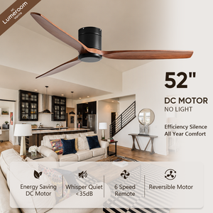 52 Inch Flush Mount <b>Ceiling</b> Fan Without <b>Light</b> with 3 Solid Wood Blades <b>Remote</b> <b>Control</b> for Living Room Bedroom - Product Image 1