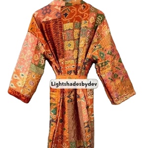 Vintage Silk Sari Grey Kantha <b>Kimono</b> Robe Lover Recycled Dressing Gowns Women Patchwork Jacket <b>Kimono</b> Robe Gift for Her - Product Image 3