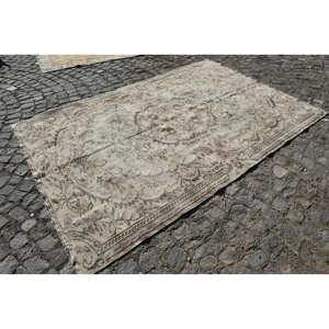 Alfombra turca vintage de 5,4x8,2 pies, lana beige hecha a mano con diseño de retazos, sala de estar forma rectangular para, estilo Tabriz - Product Image 3